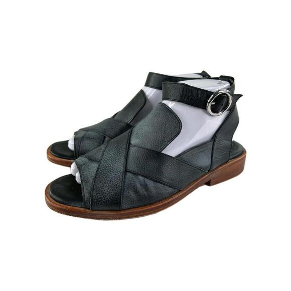 Free People Women's Catherine Ankle Strap Sandal US 7.5 Black Leather Open-Toe - Picture 1 of 11
